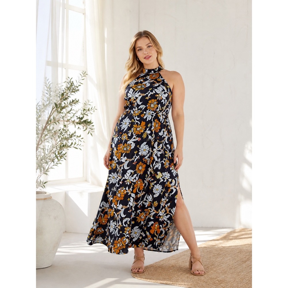 Lane Bryant 22W Floral Maxi Dress Halter Boho Vacation‎ Resort Flowy